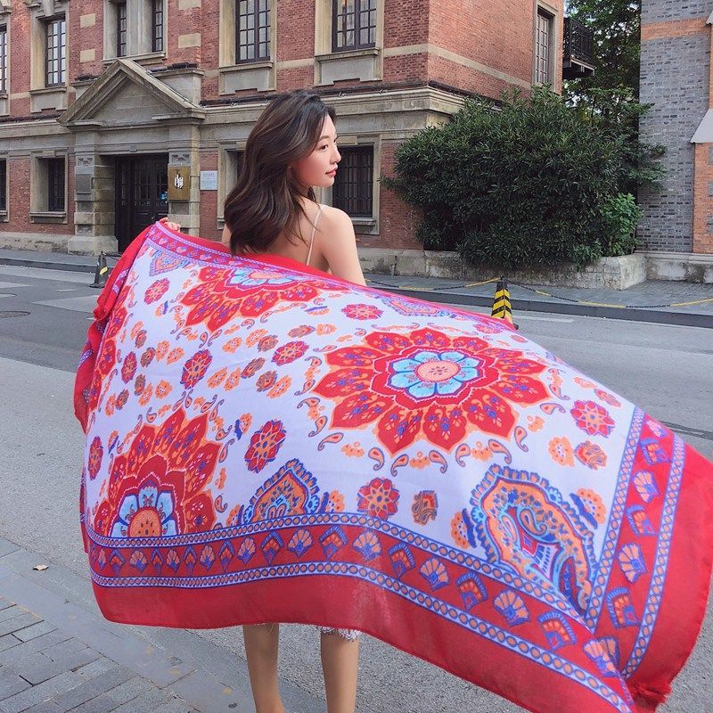 Wholesale Cotton and Linen Big Shawl Travel Sunscreen Vacation Silk Scarf